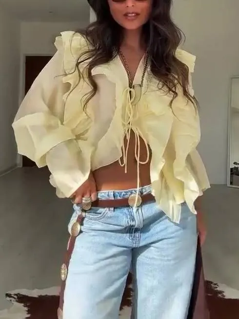 Bohemian Style Ruffled Lace-Up Shirt