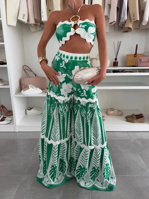 Casual Floral Print Tie Top Wide-leg Pants Two-piece Set