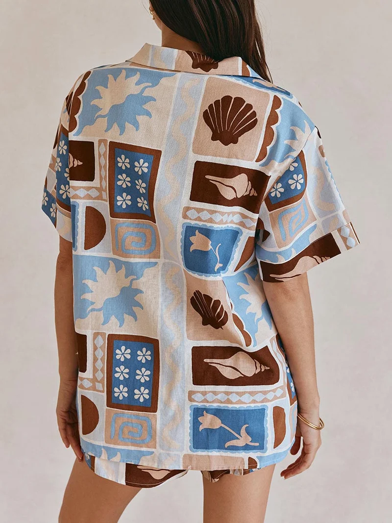 Unique Casual Scallop Painting Print Shorts Two-piece Set
