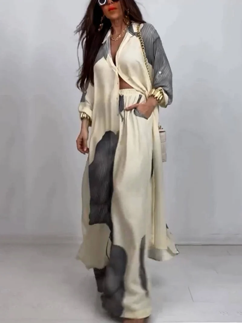 Elegant Loose Printed Midi Top Wide Leg Pants Set