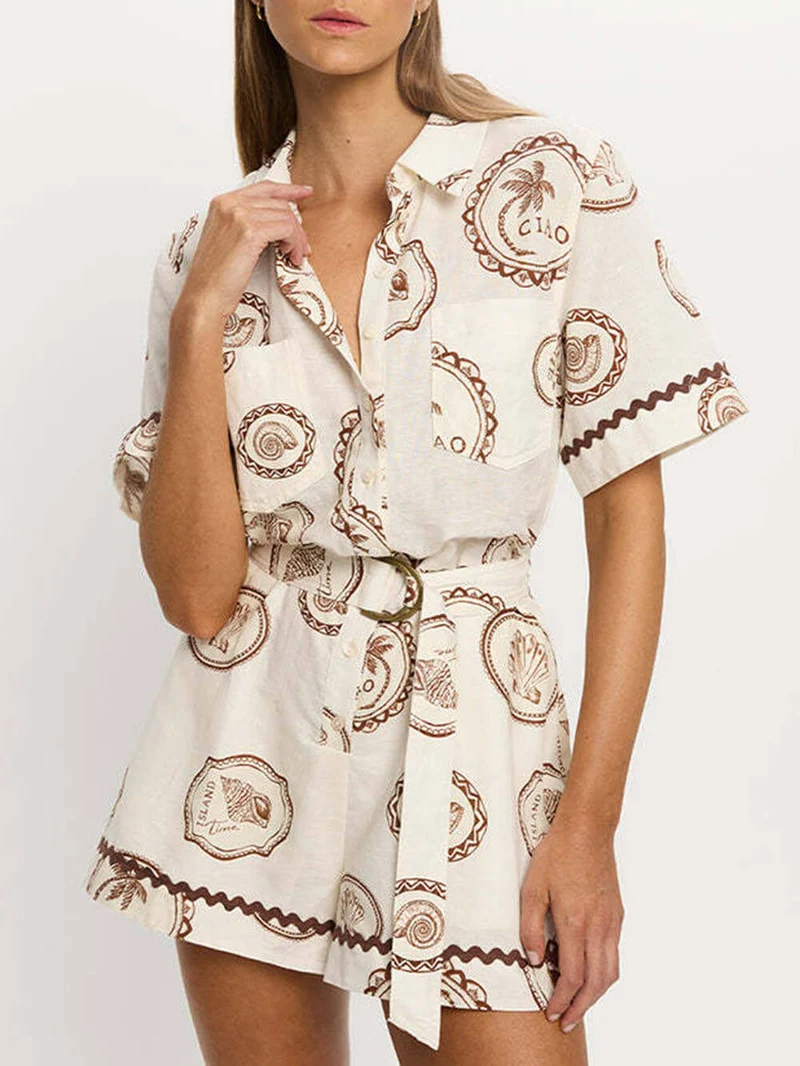Elegant Lace-Up Linen Shell Print Cardigan Jumpsuit