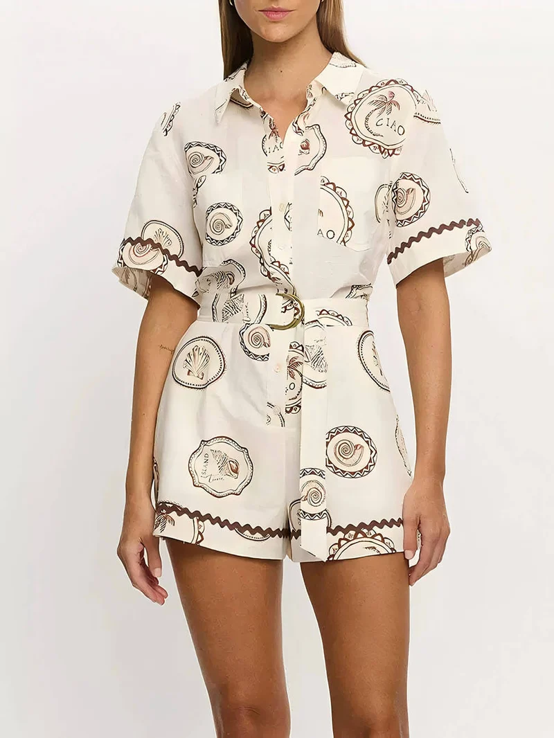 Elegant Lace-Up Linen Shell Print Cardigan Jumpsuit