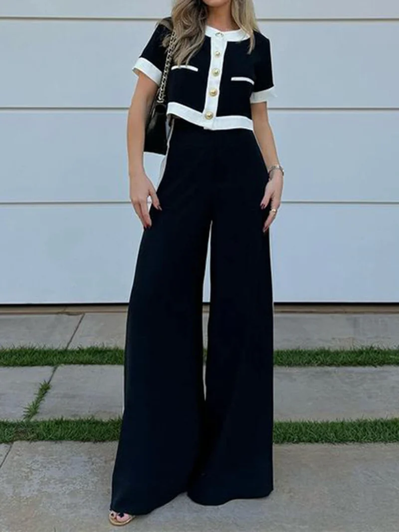 Fashionable Black And White Patchwork Short-Sleeved Top And Straight Pants Set