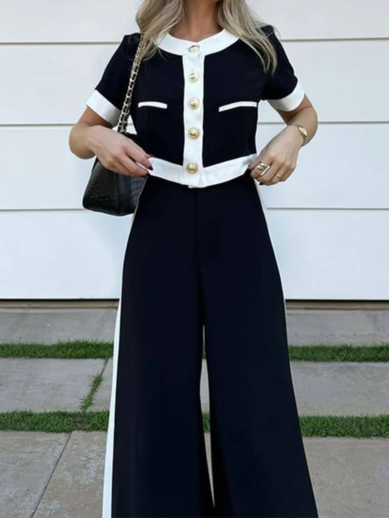 Fashionable Black And White Patchwork Short-Sleeved Top And Straight Pants Set