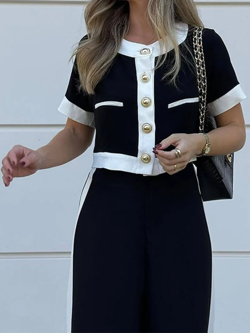 Fashionable Black And White Patchwork Short-Sleeved Top And Straight Pants Set