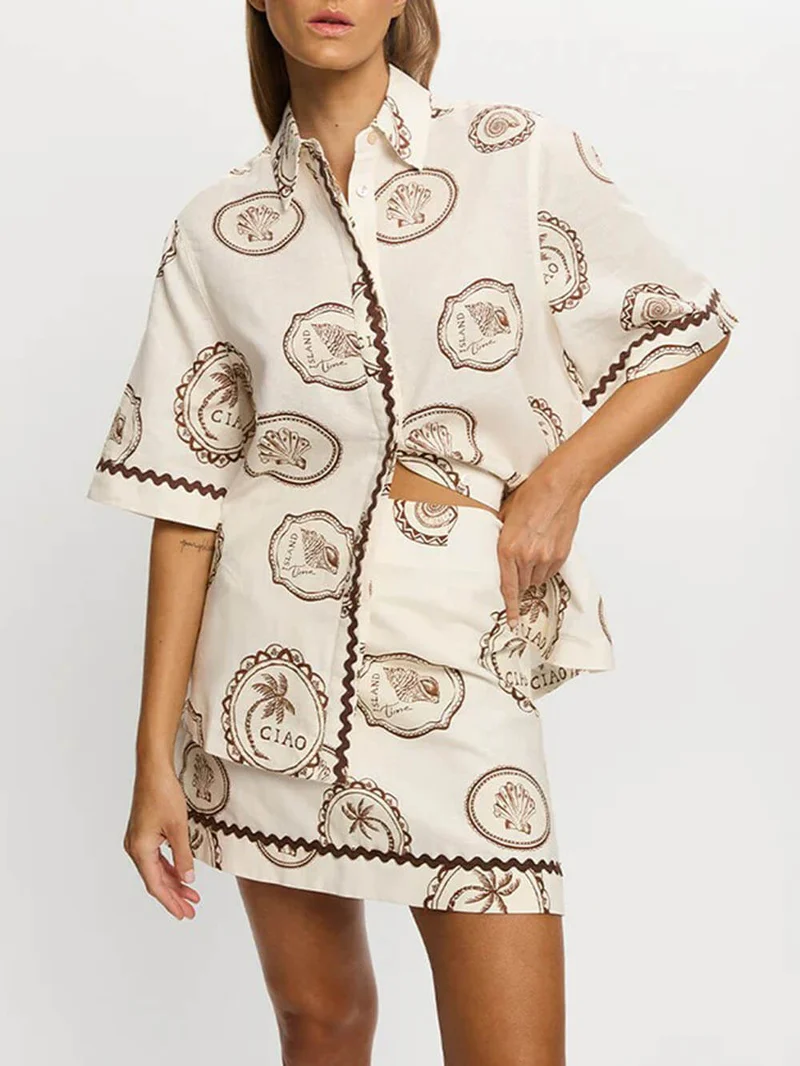 Elegant Lace-Up Linen Shell Print Short-Sleeved Shirt And Skirt Set
