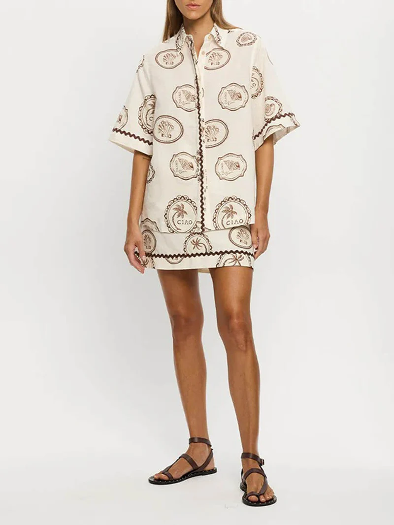 Elegant Lace-Up Linen Shell Print Short-Sleeved Shirt And Skirt Set