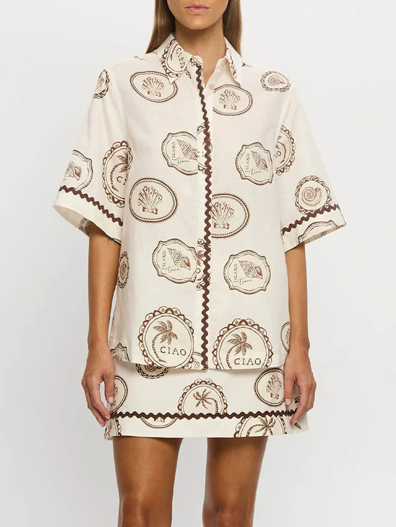Elegant Lace-Up Linen Shell Print Short-Sleeved Shirt And Skirt Set