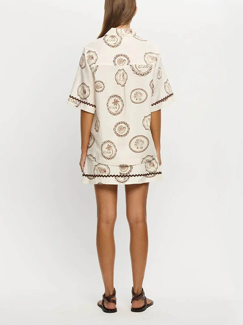 Elegant Lace-Up Linen Shell Print Short-Sleeved Shirt And Skirt Set
