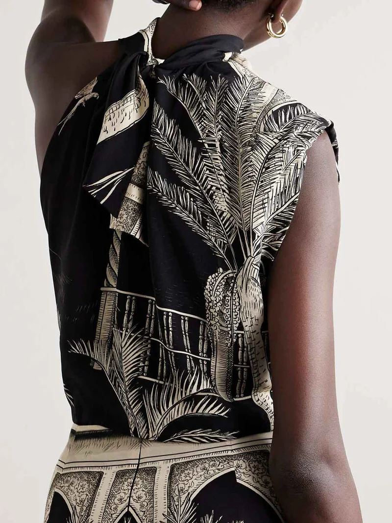 Tropical Palm Leaf Print One-shoulder Tank Top