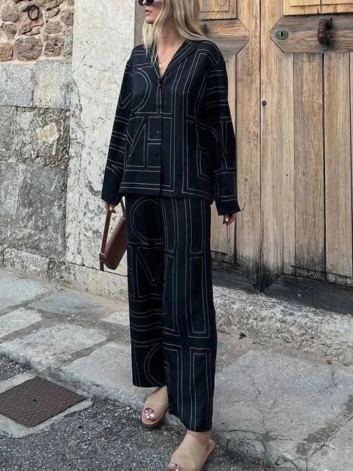 Geometric Letter Print Shirt Wide Leg Suit-Shirt