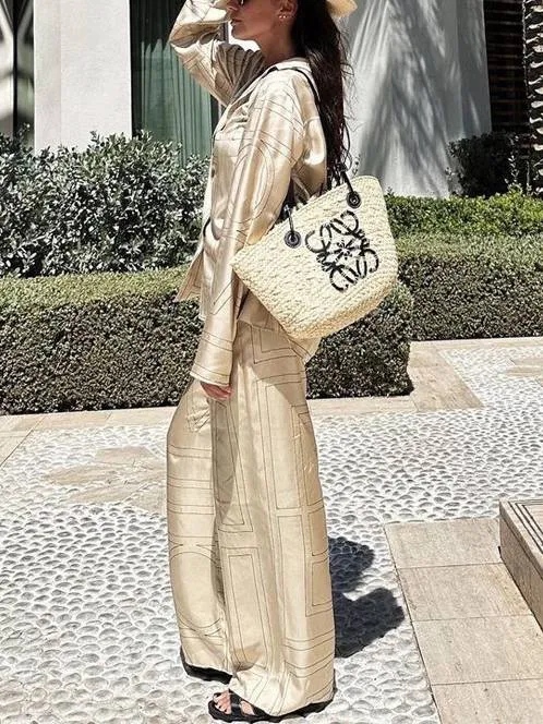 Geometric Letter Print Shirt Wide Leg Suit-Pants