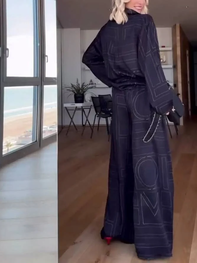 Geometric Letter Print Shirt Wide Leg Suit-Pants