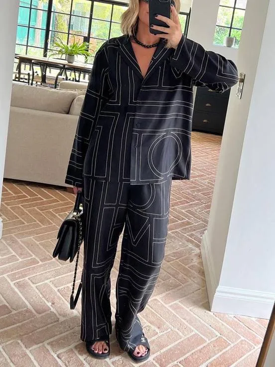 Geometric Letter Print Shirt Wide Leg Suit-Pants
