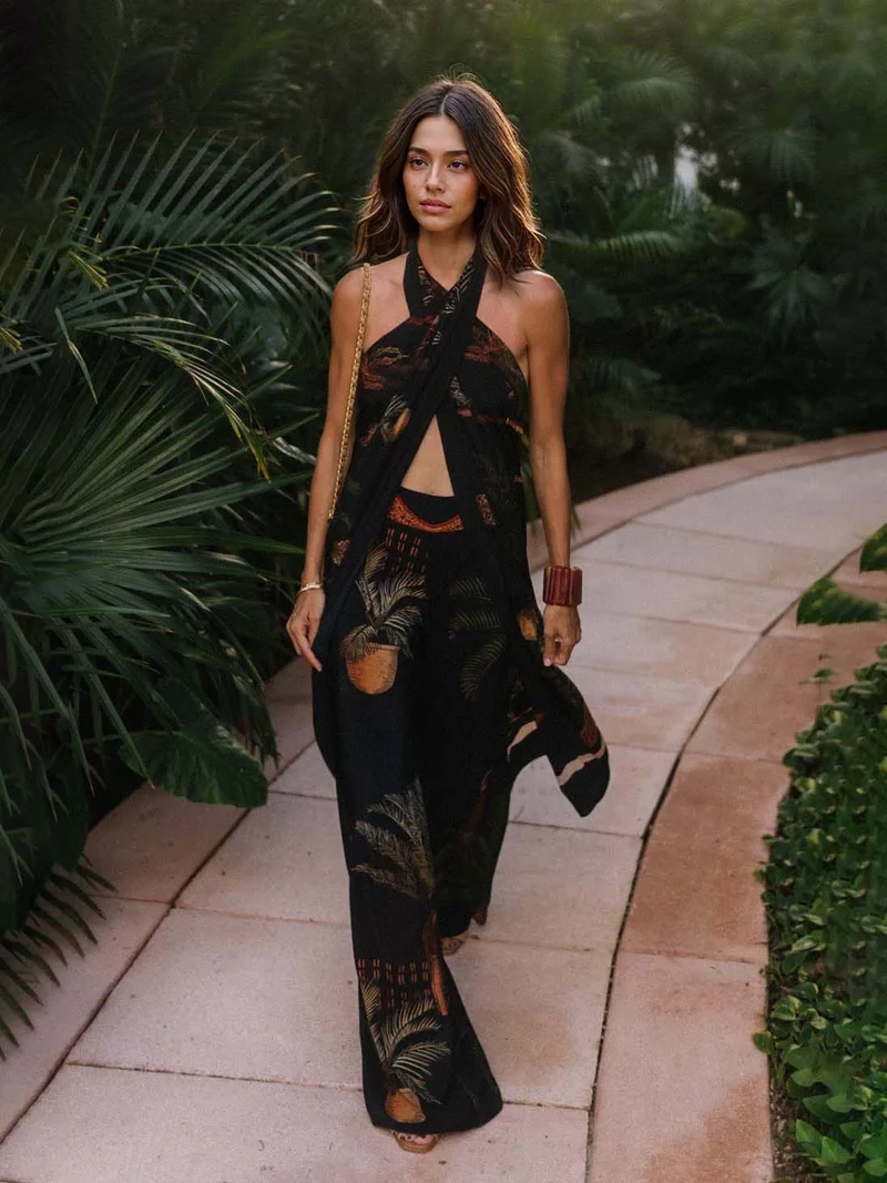 Exquisite Open Back Paulownia Palm Print Satin Two Piece Suit