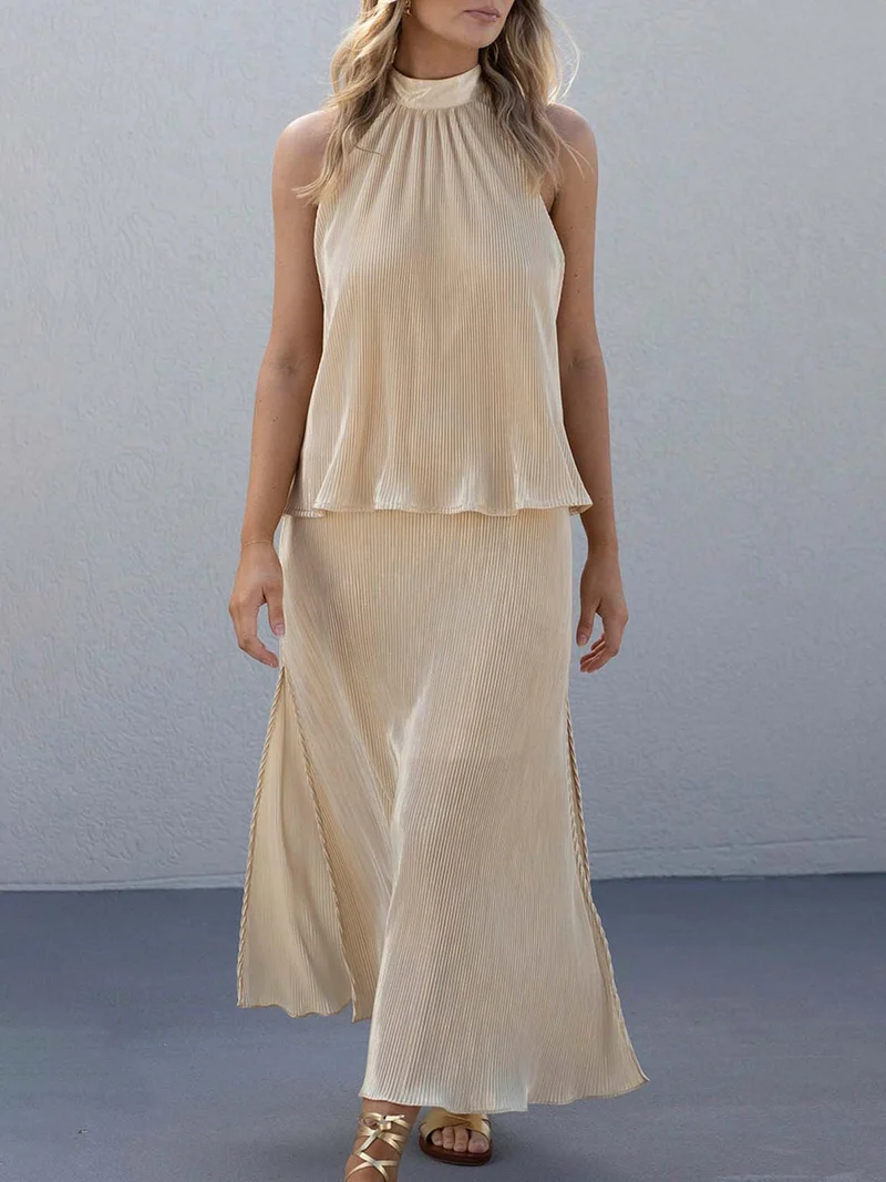 Elegant Pleated Halterneck Sleeveless Tank Top