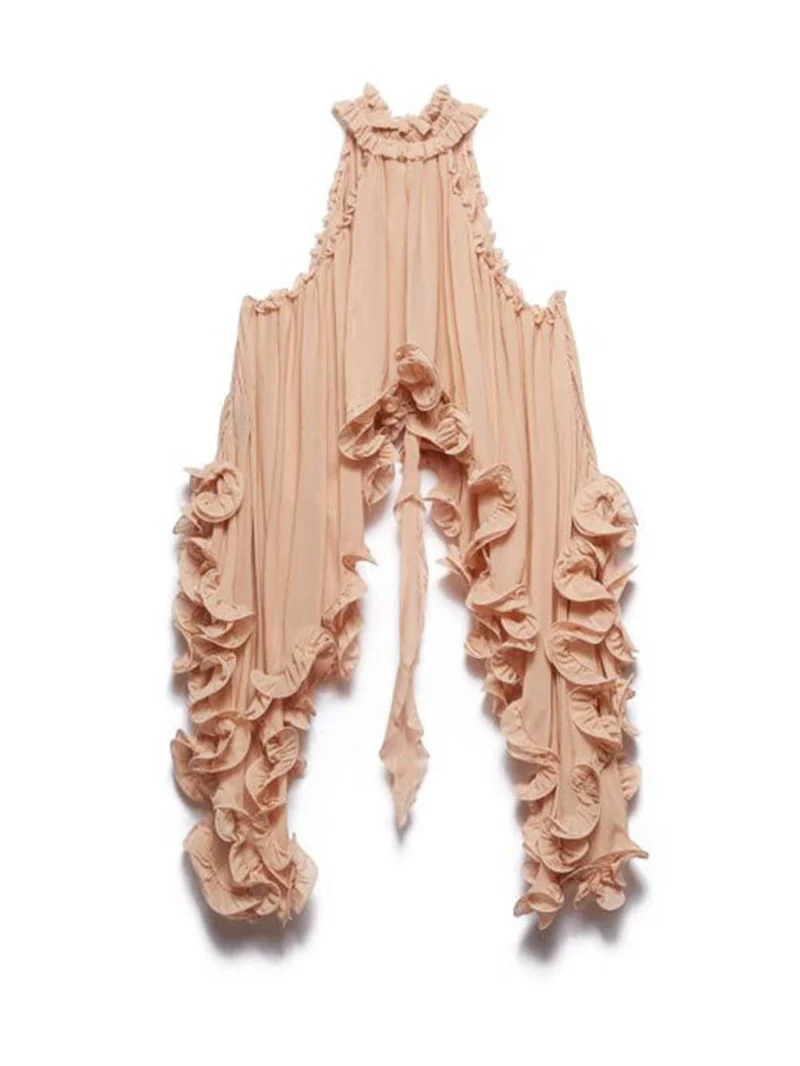 Delicate Romantic Drama Chiffon Wavy Ruffles Halter Irregular A-line Top