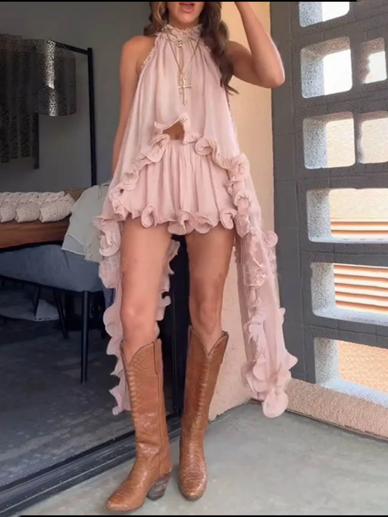 Delicate Romantic Drama Chiffon Wavy Ruffles Elastic Waist Loose Shorts