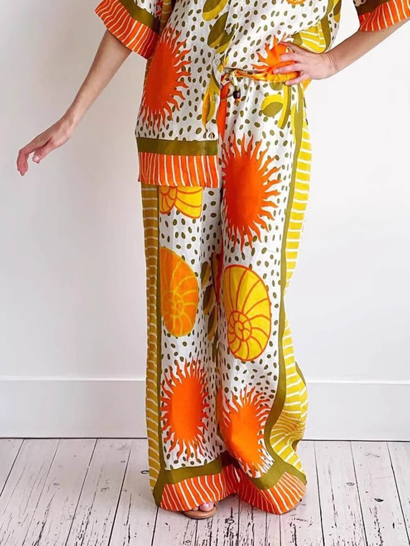 Casual Unique Satin Sun Print Loose Elastic Waist Drawstring Pocket Wide Leg Pants