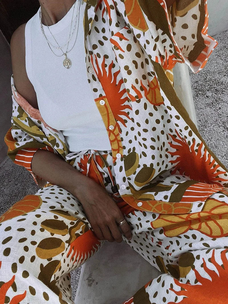 Casual Unique Satin Sun Print Loose Elastic Waist Drawstring Pocket Wide Leg Pants