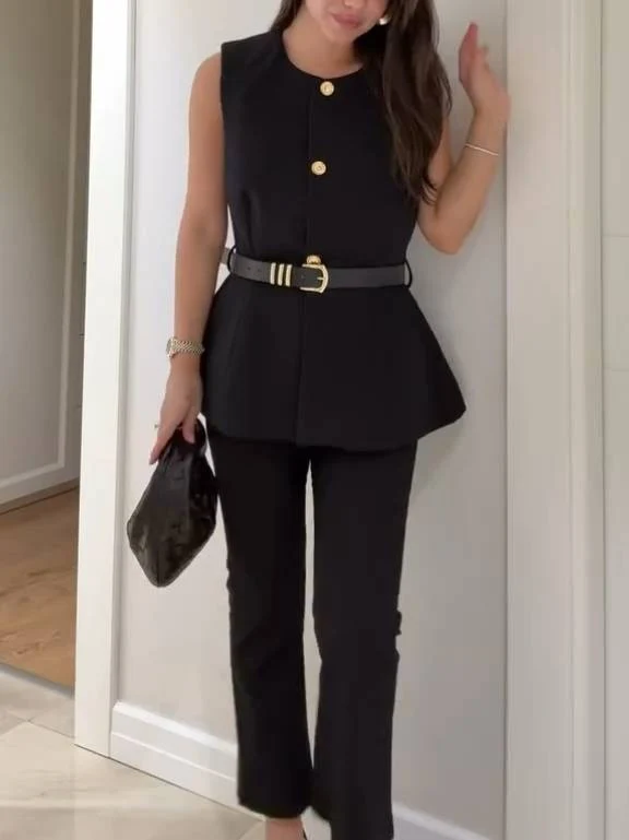 Minimalist Vest Flared Pants Suit-pants