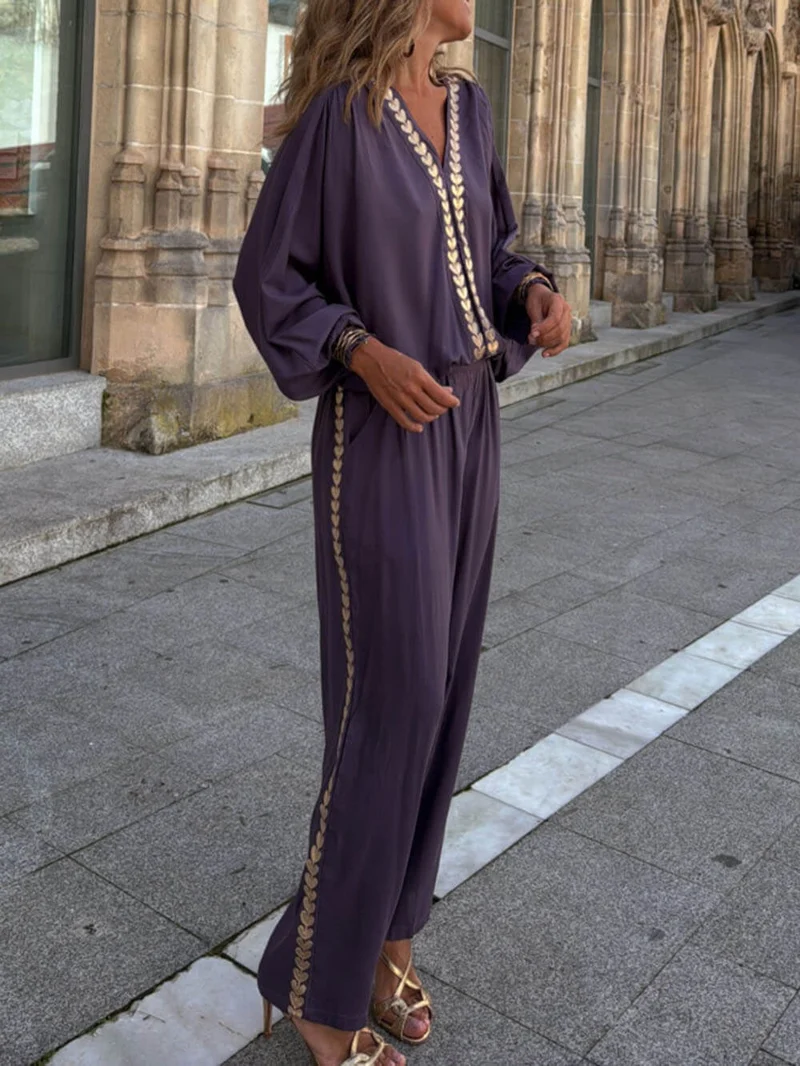 Modern Feel Unique Gold Trim Stitching Elastic Waistband Pocket Straight Pants