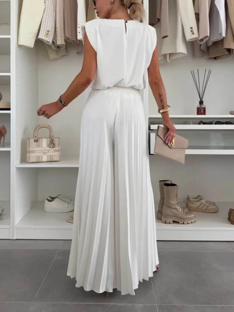 Fashionable Elastic Waist Pleated Wide-Leg Pants