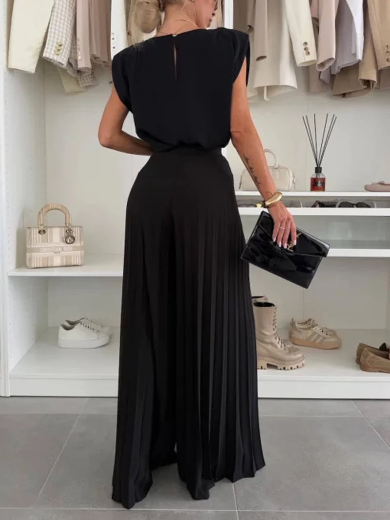 Fashionable Elastic Waist Pleated Wide-Leg Pants