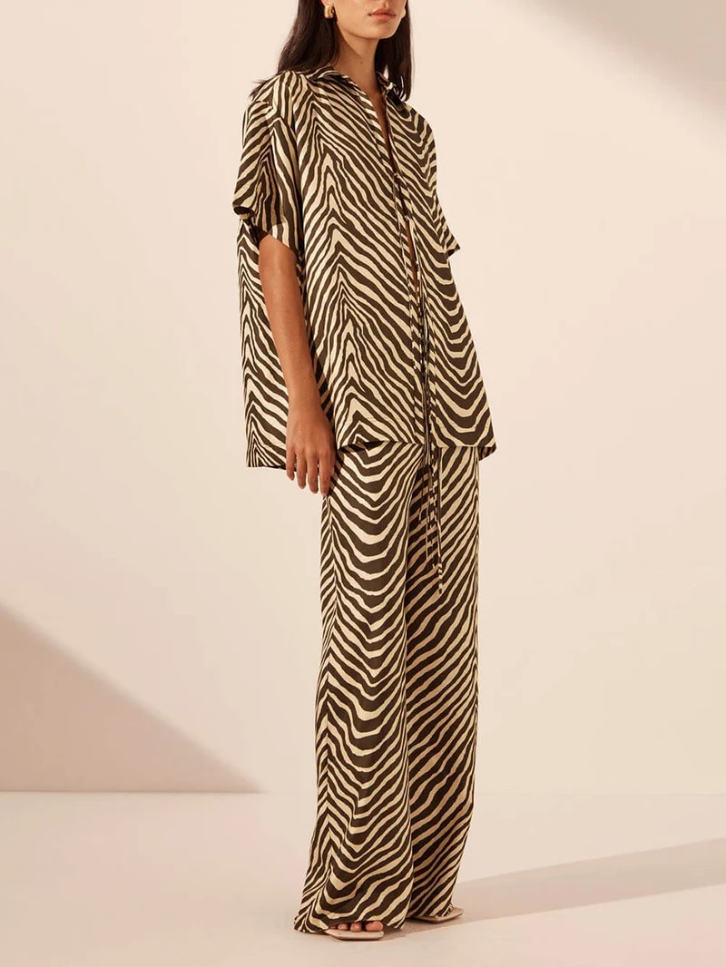 Exquisite Satin Unique Wave Pattern Print Drawstring Elastic Waist Wide Leg Pants