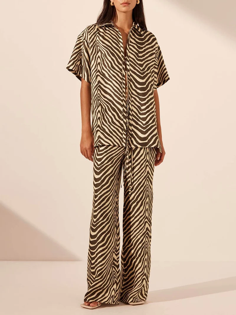 Exquisite Satin Unique Wave Pattern Print Drawstring Elastic Waist Wide Leg Pants