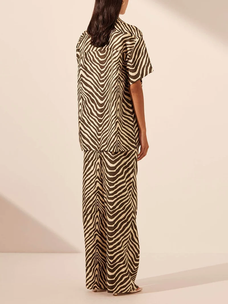 Exquisite Satin Unique Wave Pattern Print Drawstring Elastic Waist Wide Leg Pants