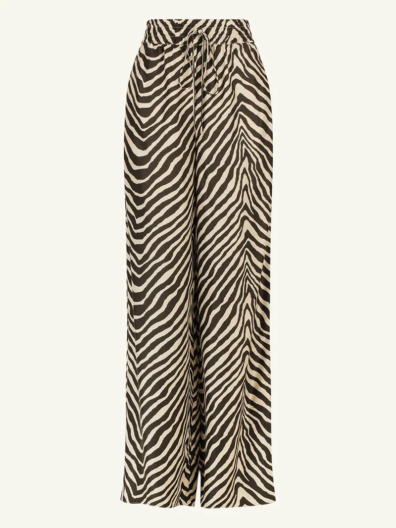 Exquisite Satin Unique Wave Pattern Print Drawstring Elastic Waist Wide Leg Pants