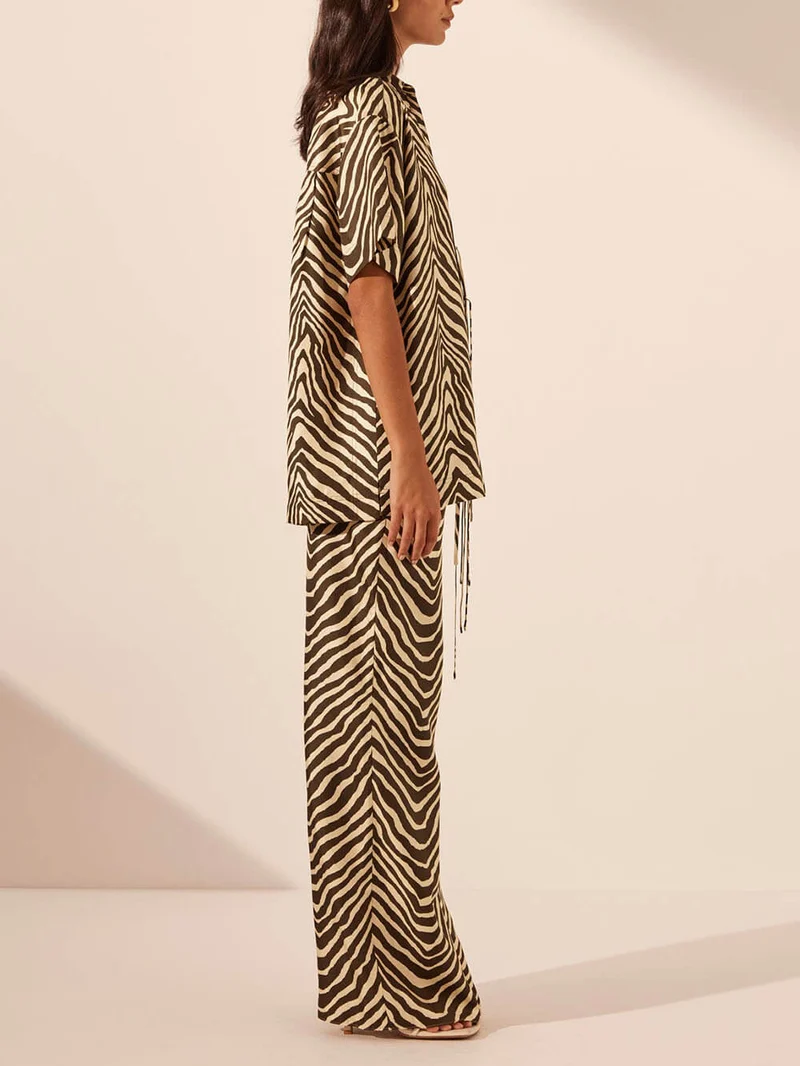 Exquisite Satin Unique Wave Pattern Print Lace-Up Oversized Shirt