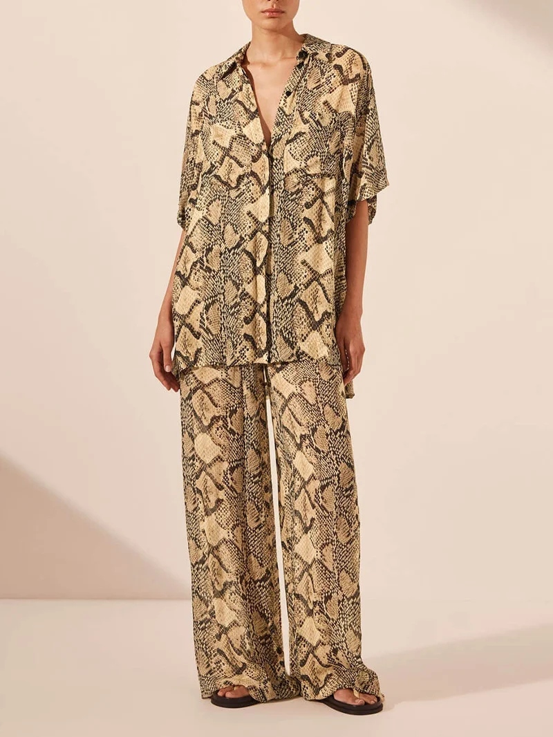 Modern Feel Satin Unique Snake Print Elastic Waist Drawstring Pocket Wide Leg Pants