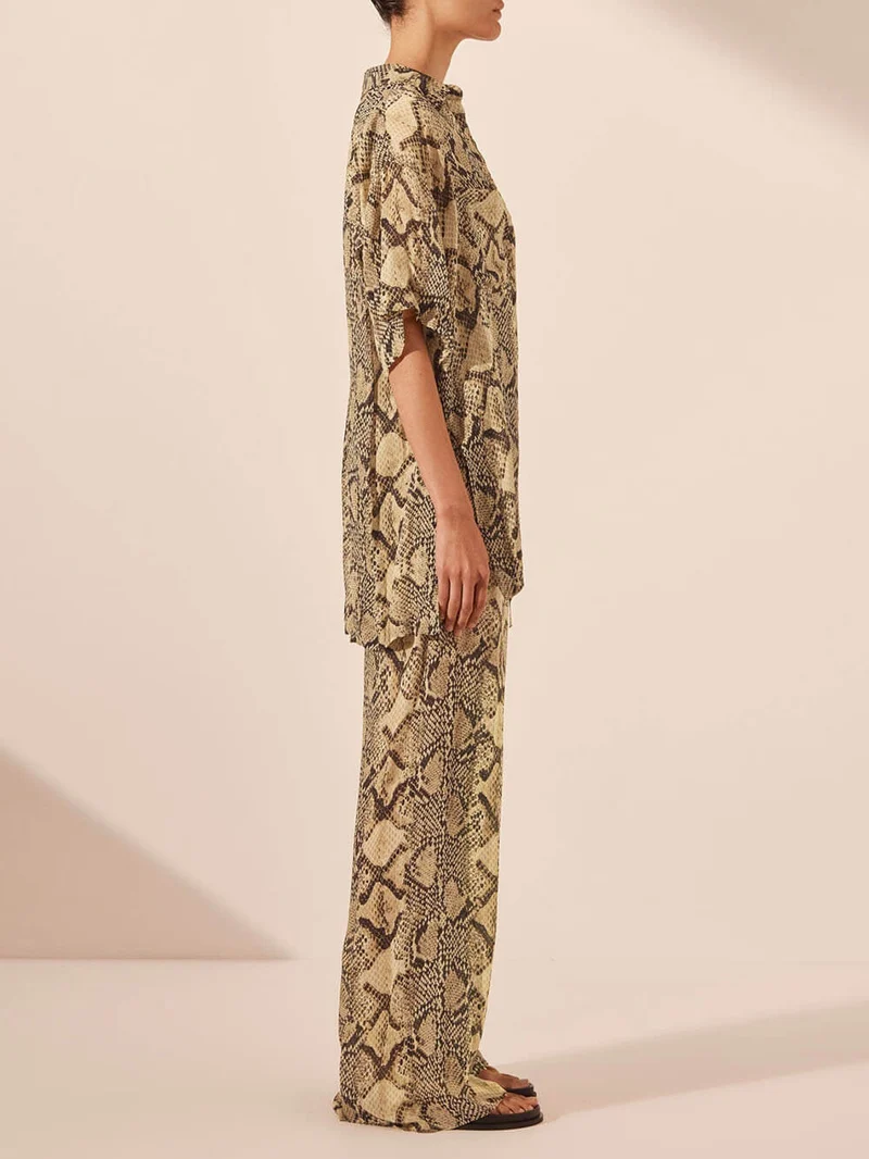 Modern Feel Satin Unique Snake Print Elastic Waist Drawstring Pocket Wide Leg Pants