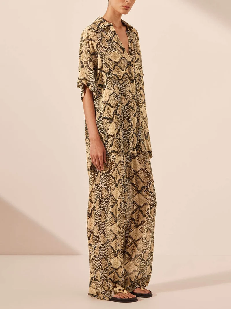 Modern Feel Satin Unique Snake Print Elastic Waist Drawstring Pocket Wide Leg Pants