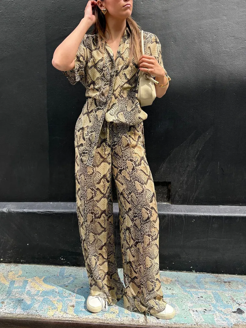 Modern Feel Satin Unique Snake Print Button Down Loose Shirt