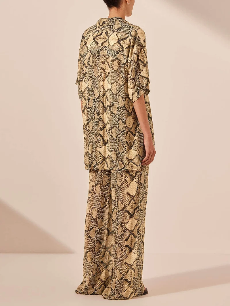Modern Feel Satin Unique Snake Print Button Down Loose Shirt