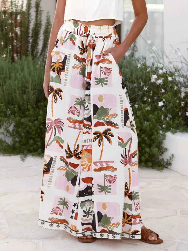 Casual Vacation Desert Palm Print Wide-leg Pants