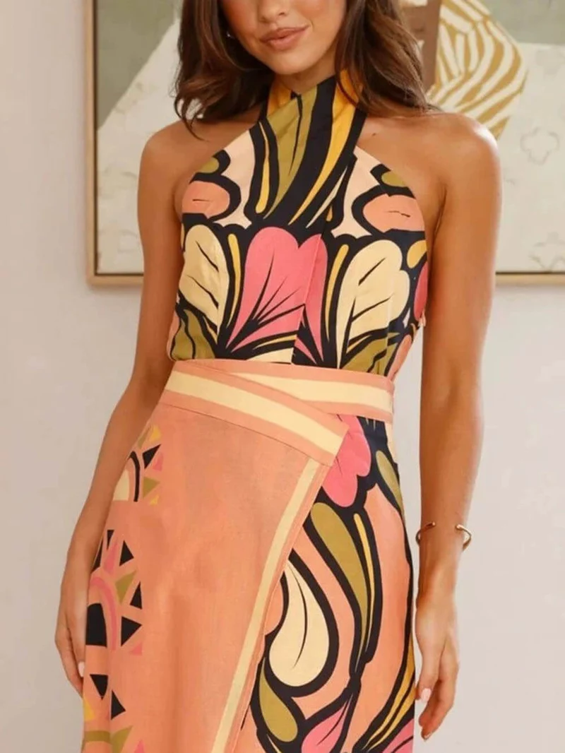Unique Floral Print Twisted Halter Neck Tie Backless Vest Top