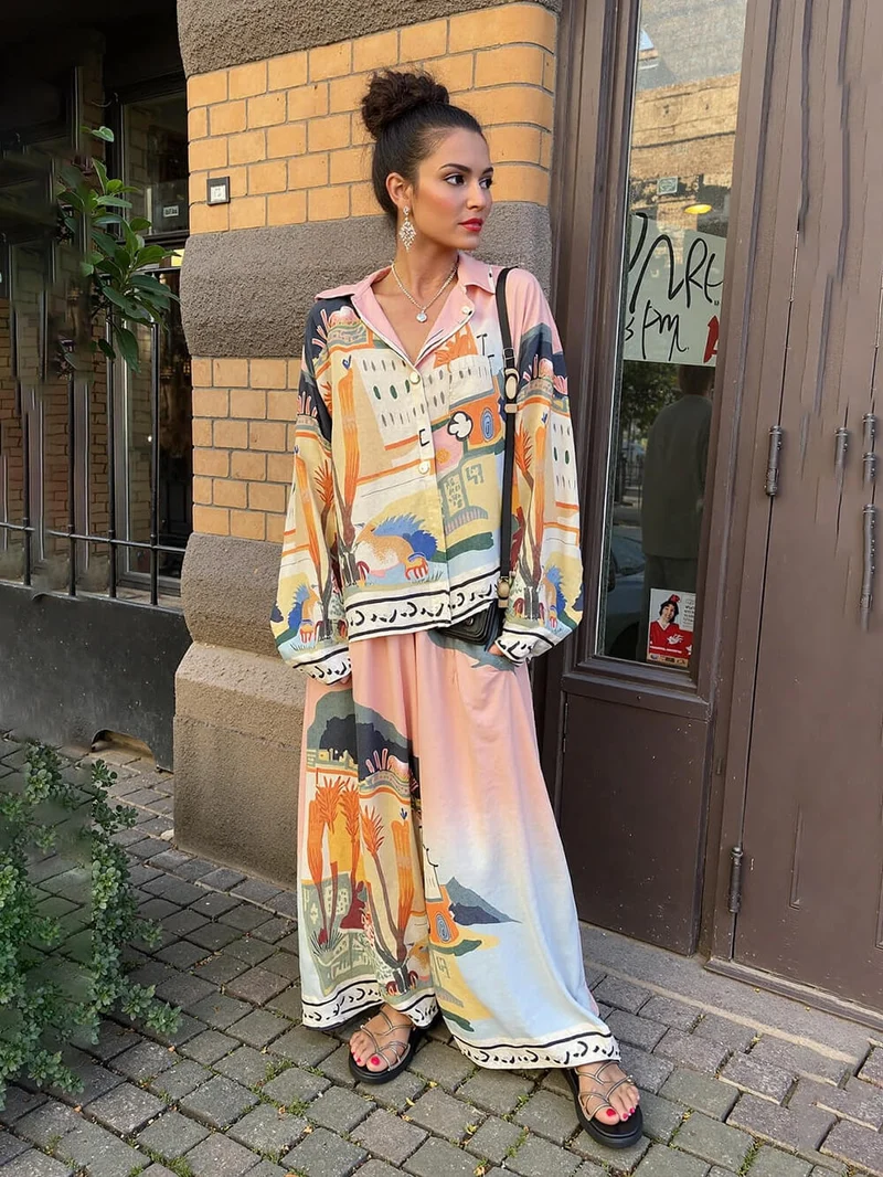 Unique Satin Landscape Print Loose Oversized Shirt