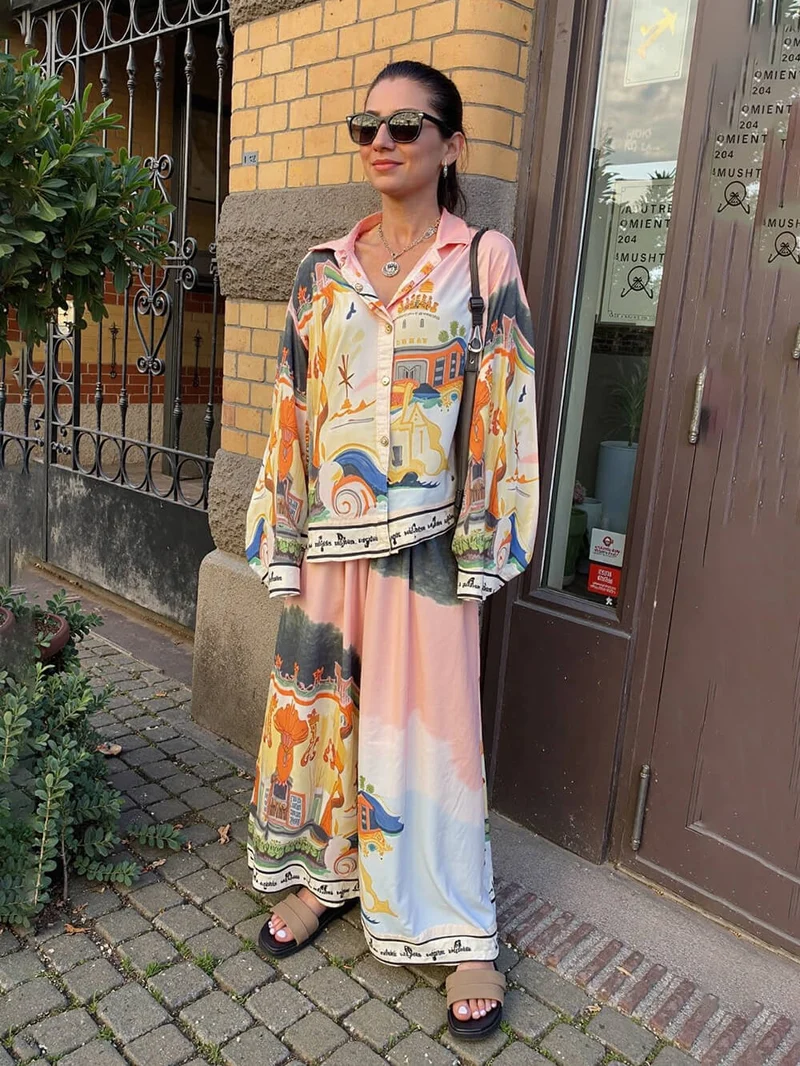 Unique Satin Landscape Print Loose Oversized Shirt
