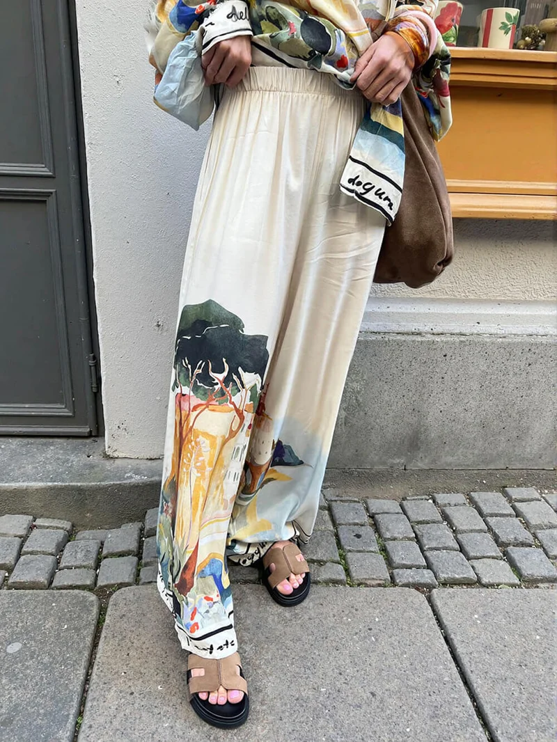 Modern Unique Satin Landscape Print Loose Oversized Shirt
