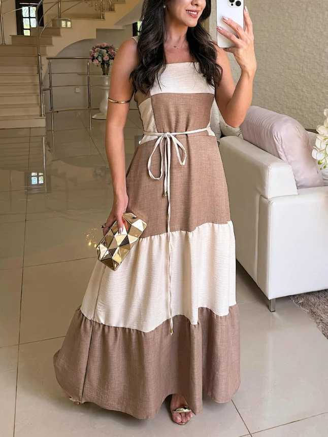 Casual Contrast Panel Square Neck Maxi Dress