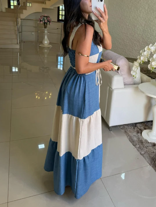 Casual Contrast Panel Square Neck Maxi Dress