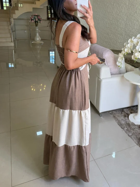 Casual Contrast Panel Square Neck Maxi Dress