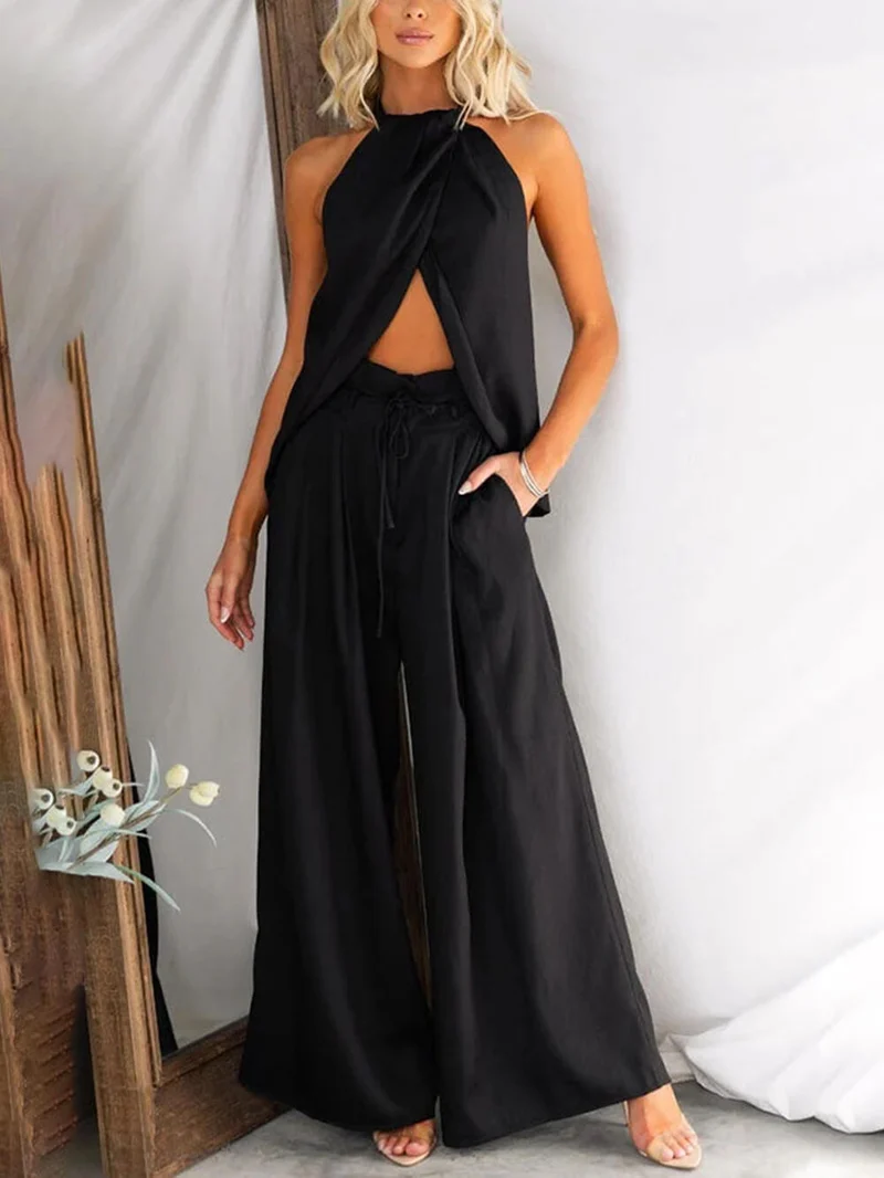 Unique Gette Linen Blend Slit Front Top and High Rise Knoted Pocket Wide Leg Pants Set