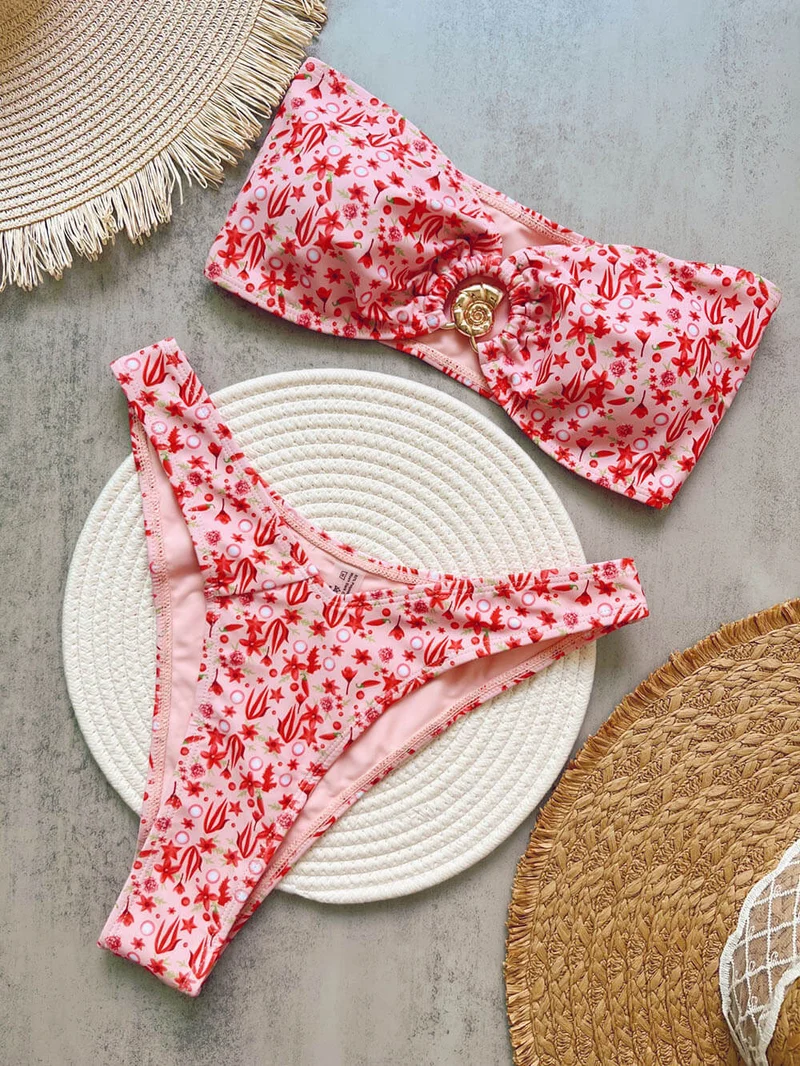 Fashion Print Bandeau Low Rise Bikini Set