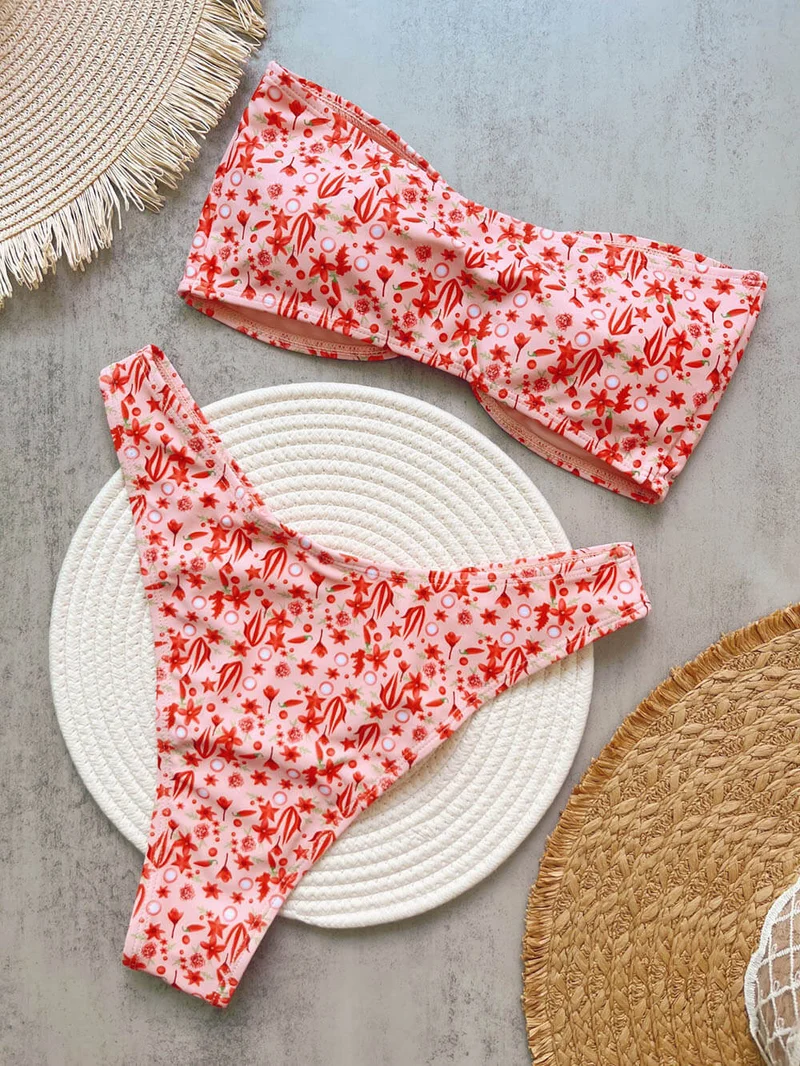 Fashion Print Bandeau Low Rise Bikini Set