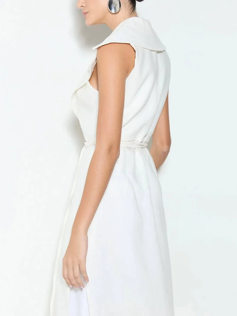 Exquisite Savina Linen Blend Lapel Midi Vest Tops